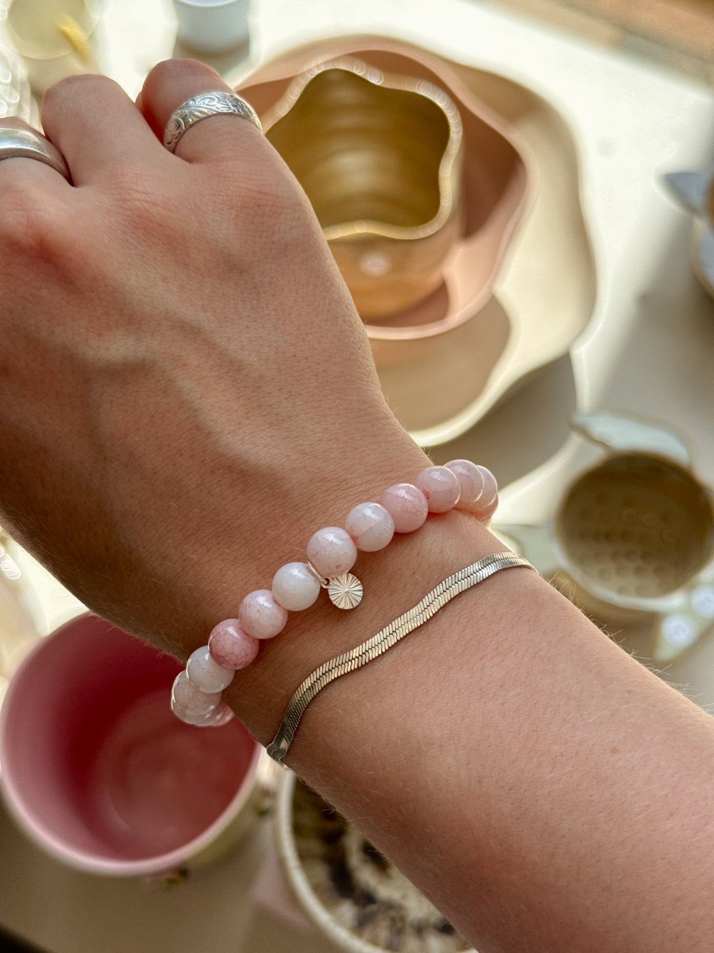 Armbånd m. natursten | Lyserød