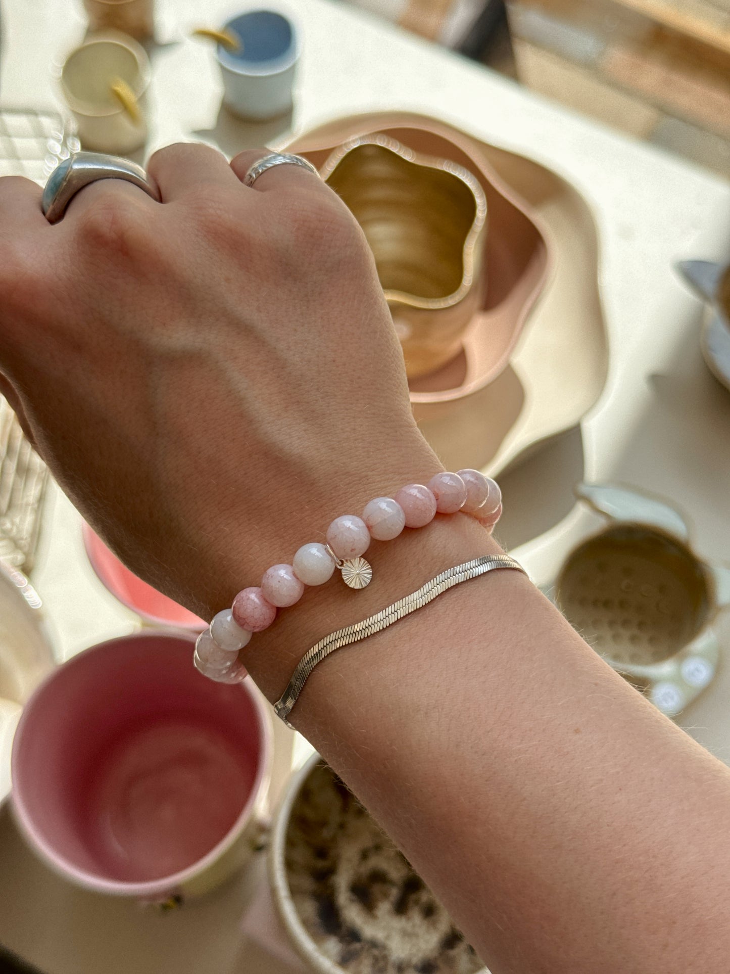 Armbånd m. natursten | Lyserød